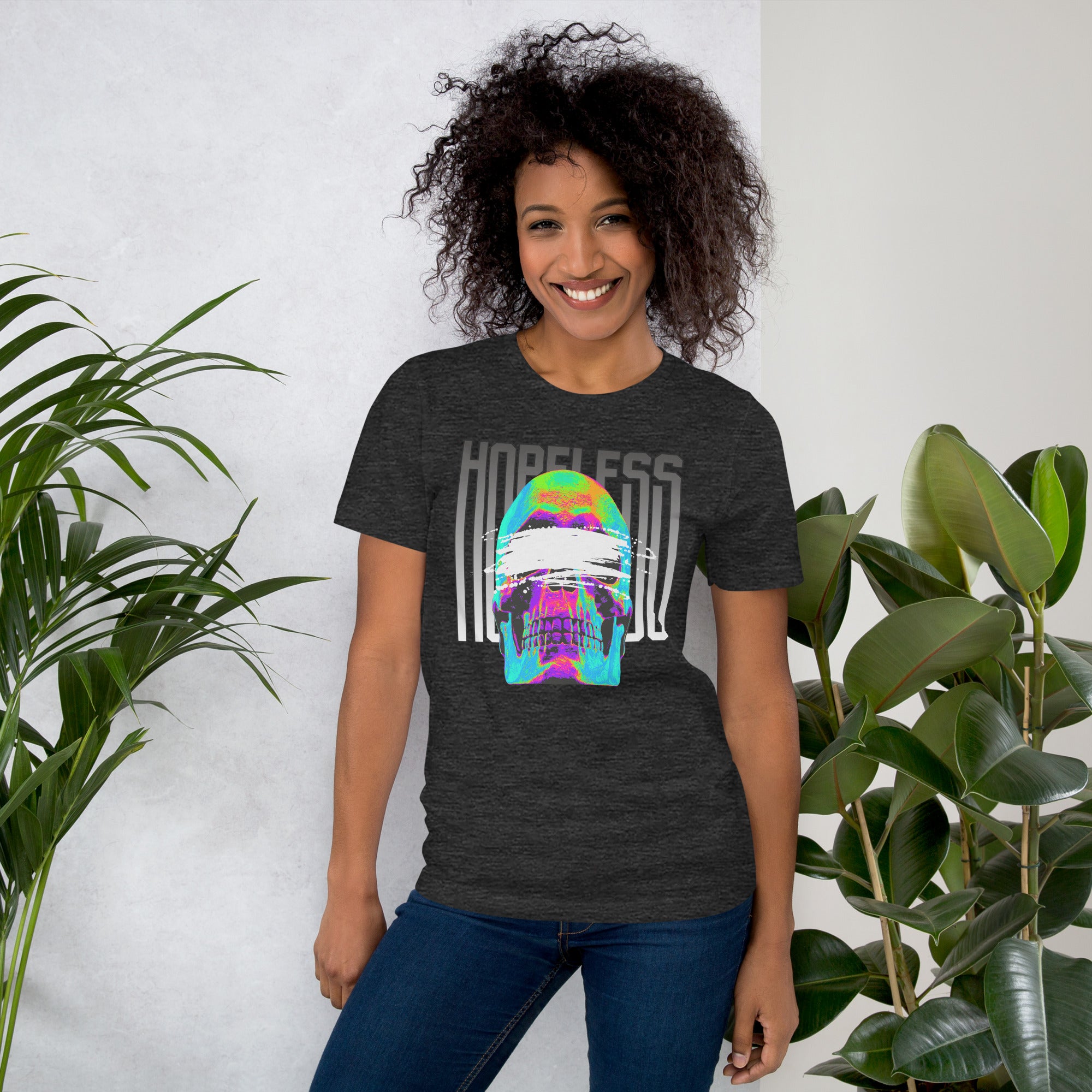 Blindfolded skull in thermal heat-map colors with bold chrome HOPELESS text, psychological horror design, Artificial Perdition apparel