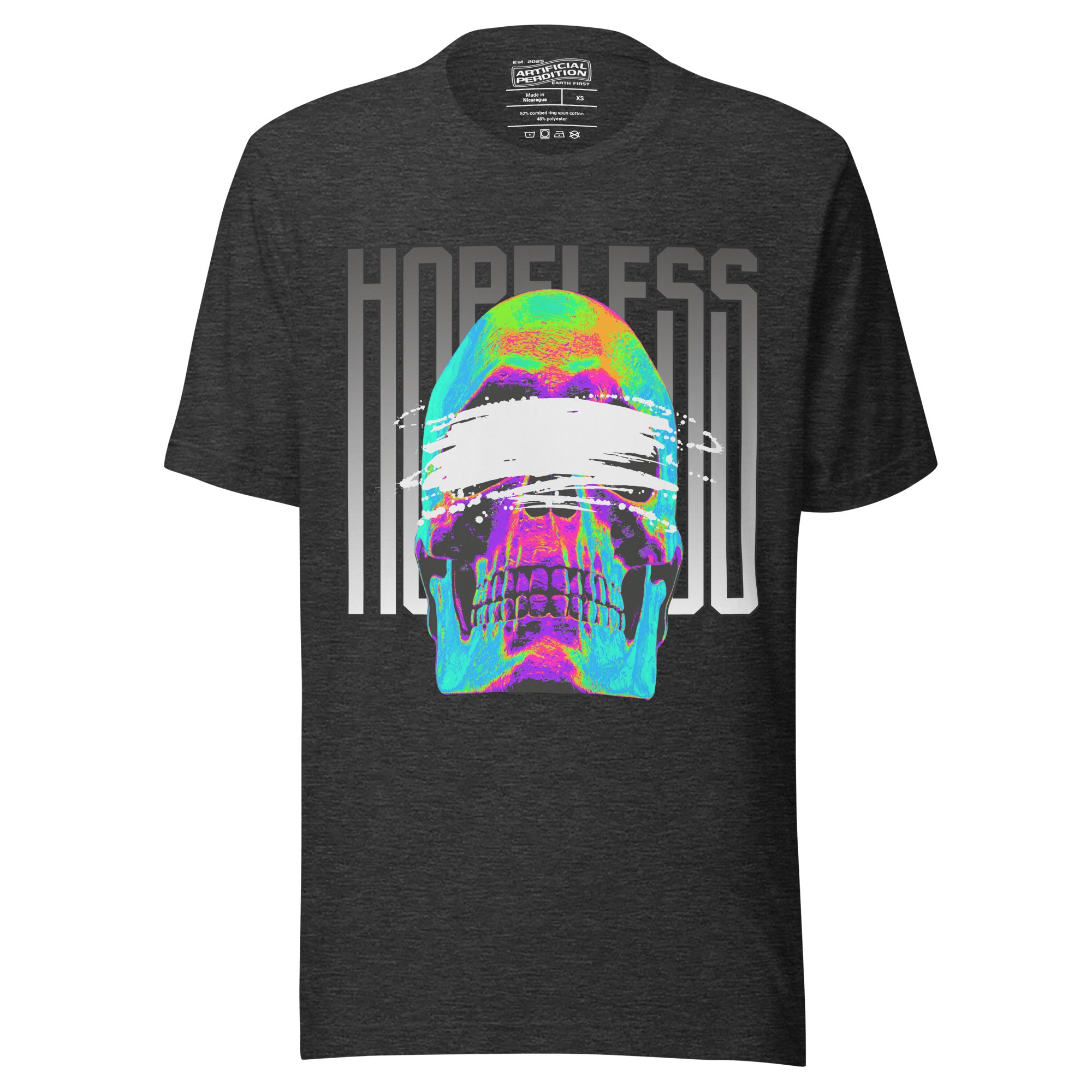 Blindfolded skull in thermal heat-map colors with bold chrome HOPELESS text, psychological horror design, Artificial Perdition apparel