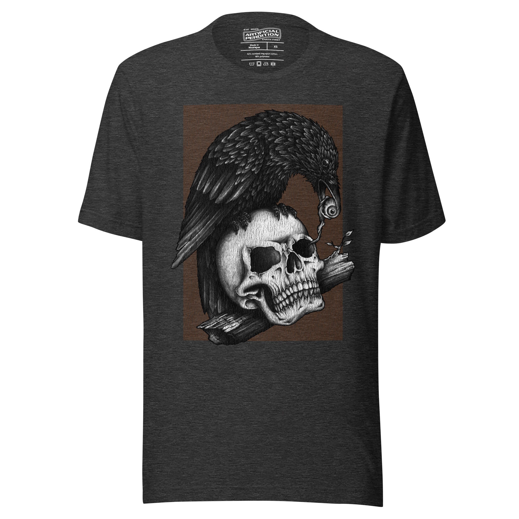 Graphite illustration of a black corvid perched on a human skull removing the eye, sprouting branch beside it, Last Look, Artificial Perdition apparel