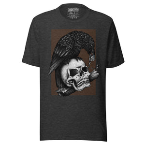 Graphite illustration of a black corvid perched on a human skull removing the eye, sprouting branch beside it, Last Look, Artificial Perdition apparel