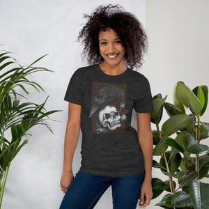 Graphite illustration of a black corvid perched on a human skull removing the eye, sprouting branch beside it, Last Look, Artificial Perdition apparel