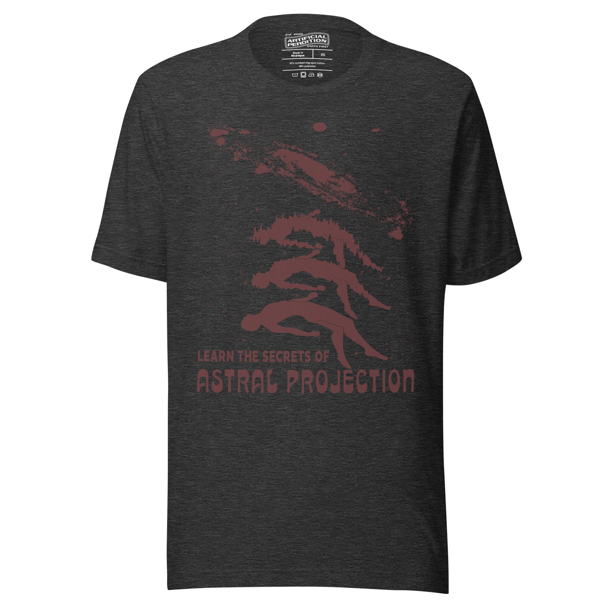 Three figures rising from a reclining body toward a spiral galaxy with Learn the Secrets of Astral Projection text, retro occult advertisement style, Artificial Perdition apparel