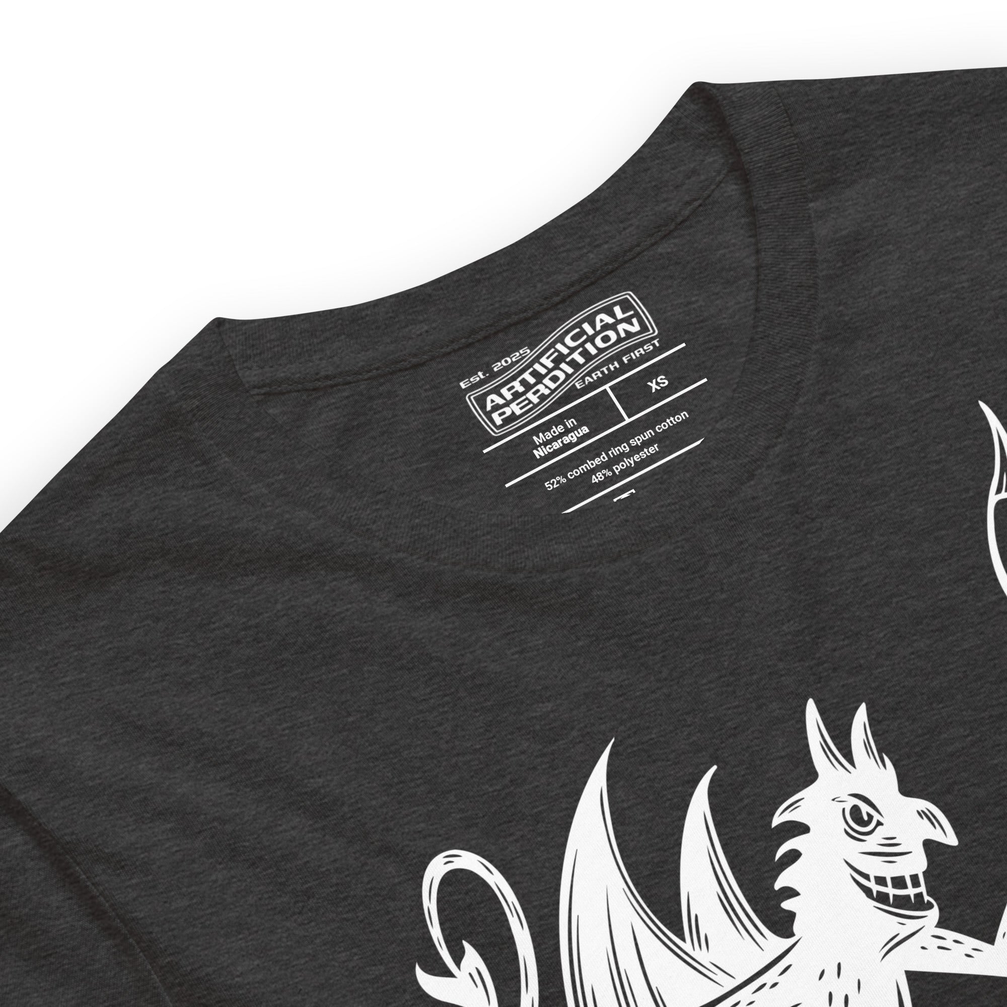 Artificial Perdition devil mascot, red illustrated devil mid-stride with trident and brand name, hand-drawn style on black, official logo tee