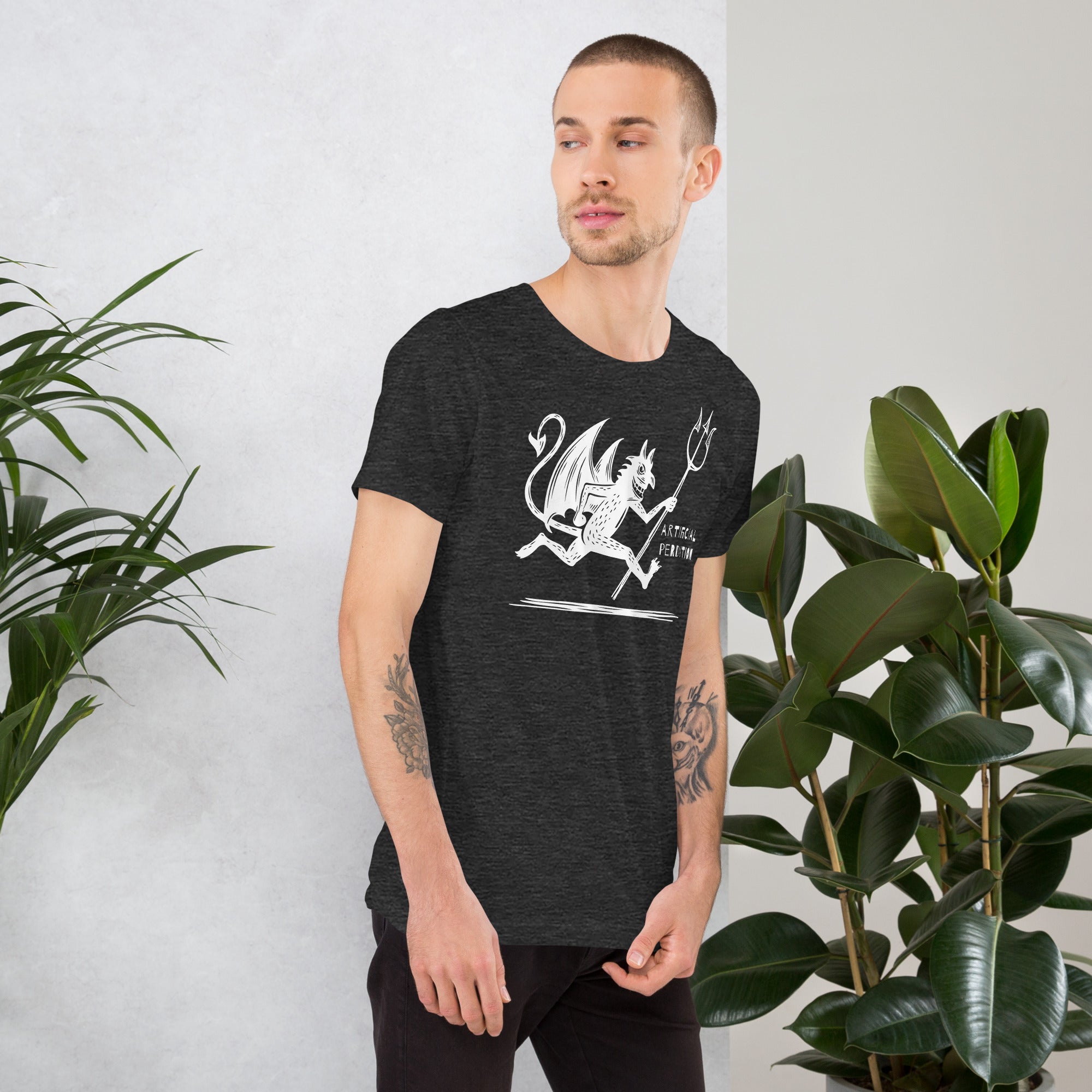 Artificial Perdition devil mascot, red illustrated devil mid-stride with trident and brand name, hand-drawn style on black, official logo tee
