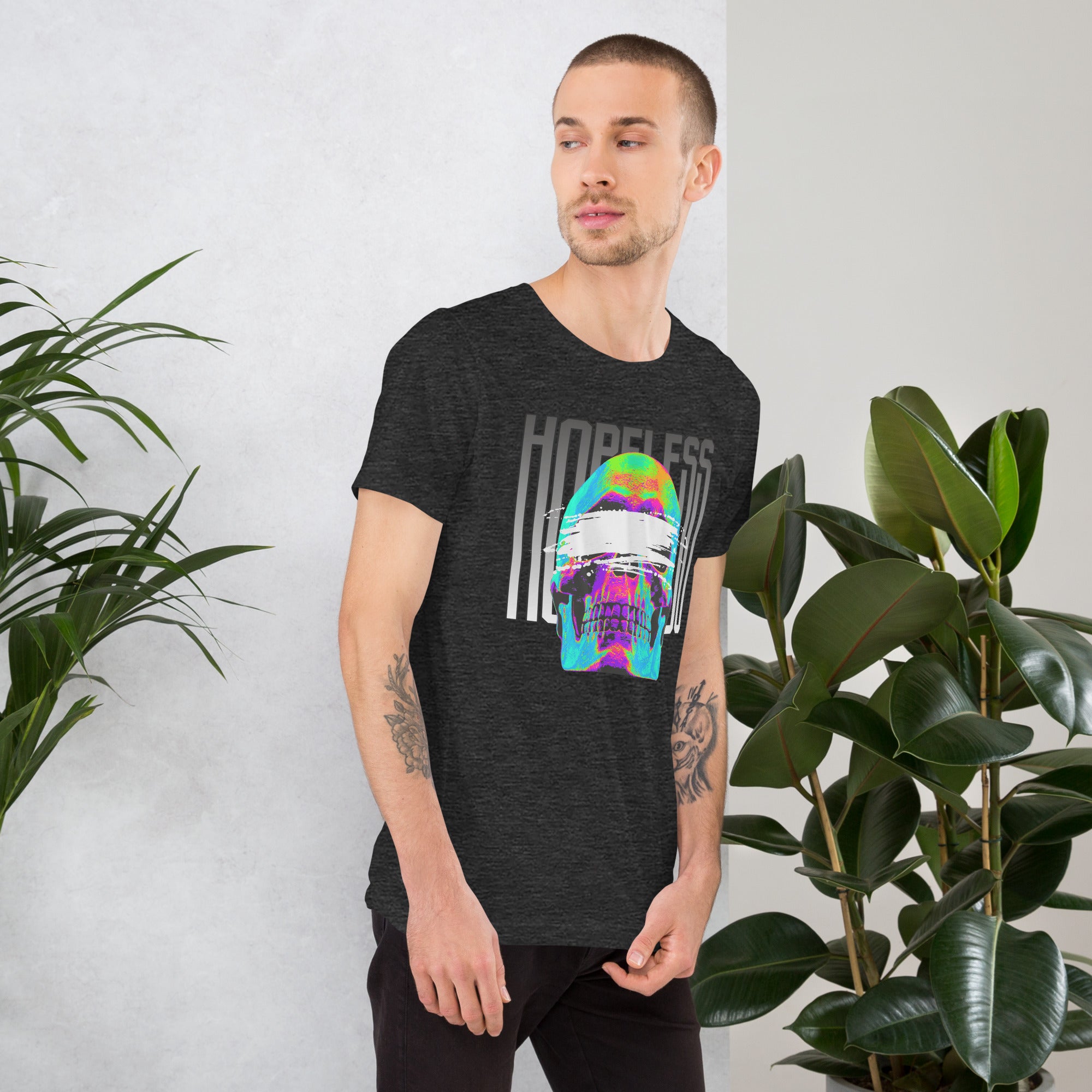 Blindfolded skull in thermal heat-map colors with bold chrome HOPELESS text, psychological horror design, Artificial Perdition apparel
