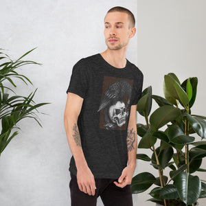 Graphite illustration of a black corvid perched on a human skull removing the eye, sprouting branch beside it, Last Look, Artificial Perdition apparel