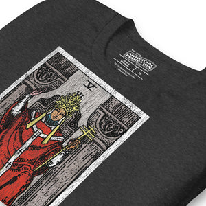 The Hierophant tarot card, triple-crowned figure seated between pillars with crossed keys and kneeling acolytes, Rider-Waite style, Artificial Perdition