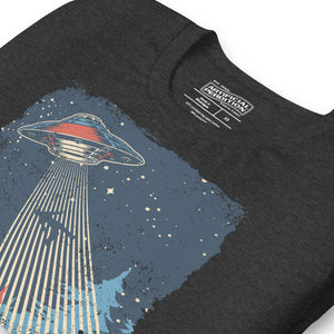 Retro poster style UFO beaming down into a midnight forest with I WANT TO LEAVE text, red and blue palette, Artificial Perdition apparel