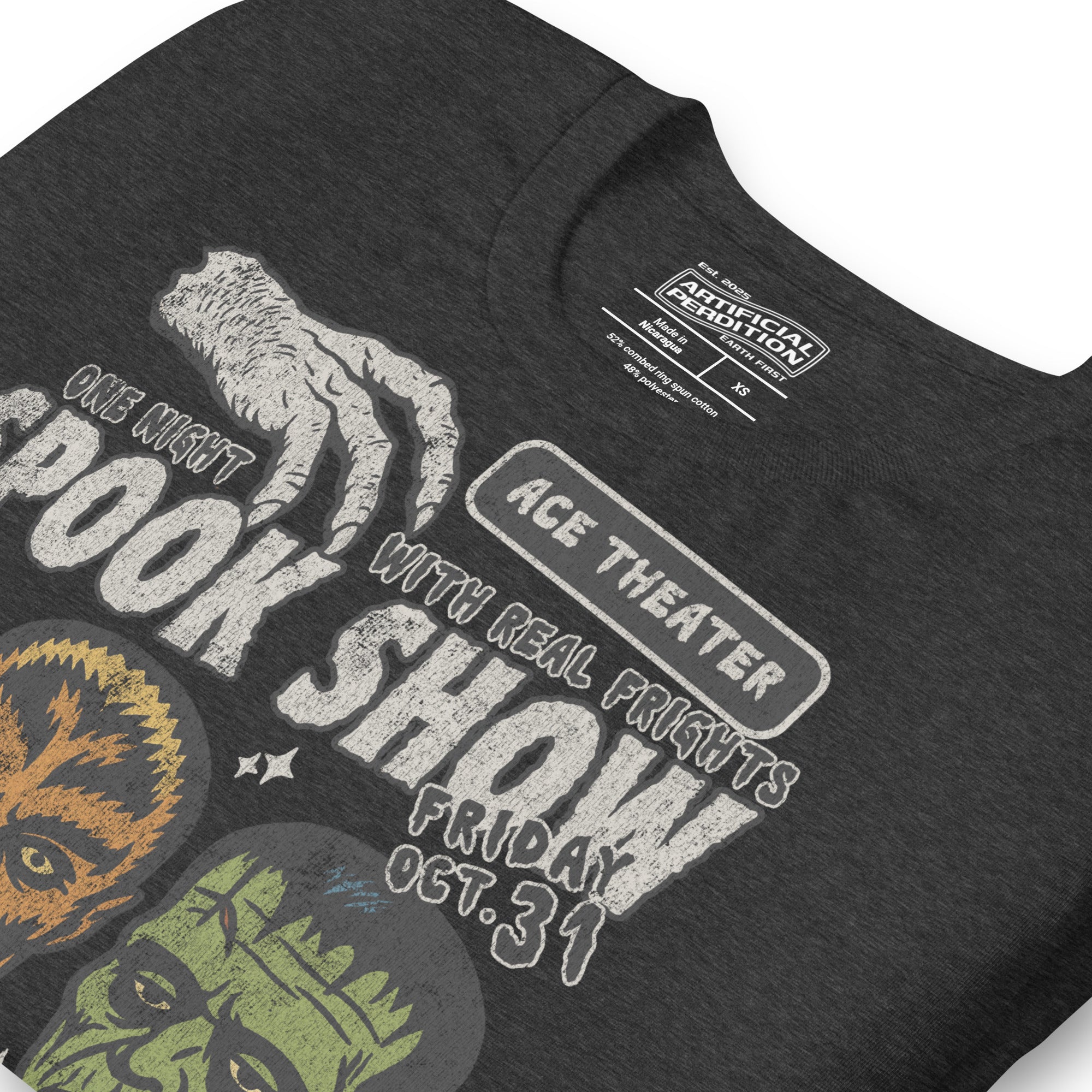 Vintage spook show poster style back print with three classic monster faces and Midnight Spook Show text, retro Halloween design, Artificial Perdition apparel