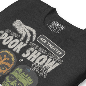 Vintage spook show poster style back print with three classic monster faces and Midnight Spook Show text, retro Halloween design, Artificial Perdition apparel