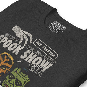 Vintage spook show poster front print with three classic monster faces, Ace Theater and Monster Mania text, distressed style on black, Artificial Perdition apparel