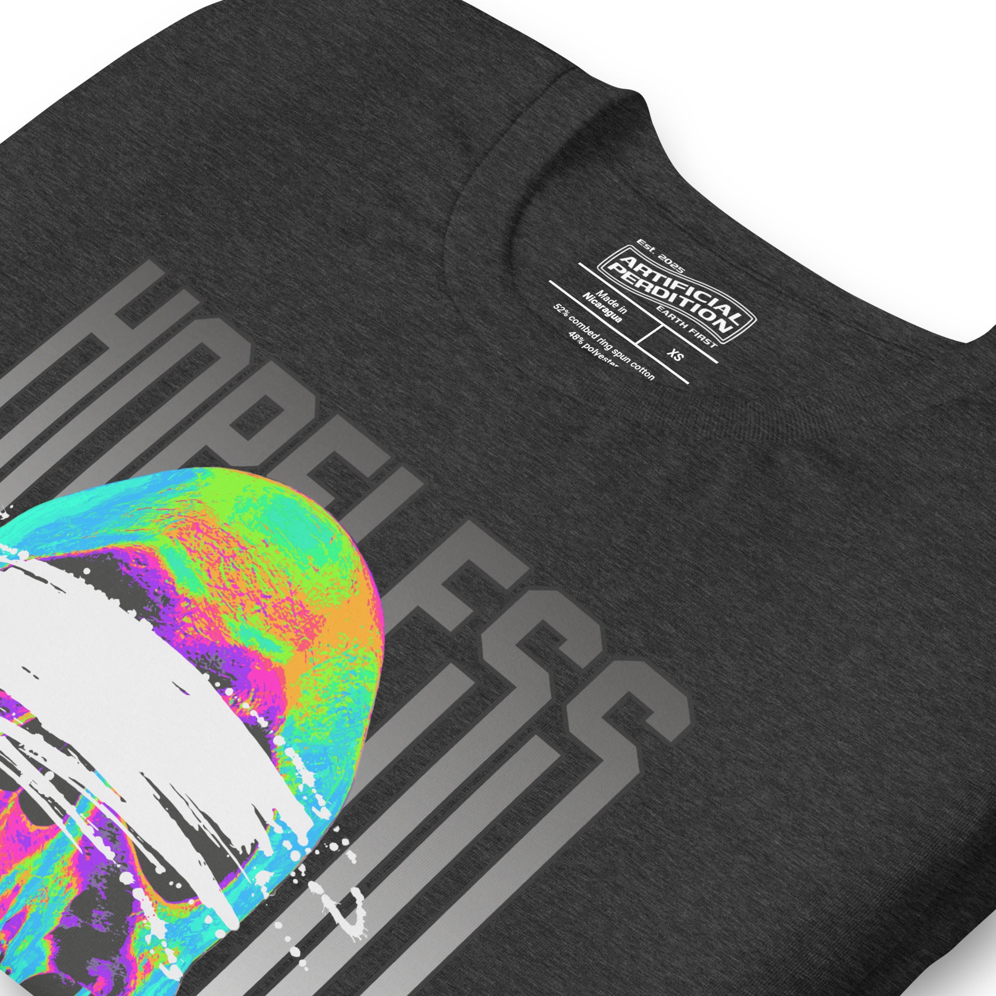 Blindfolded skull in thermal heat-map colors with bold chrome HOPELESS text, psychological horror design, Artificial Perdition apparel