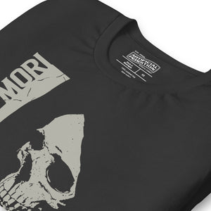 Cracked skull illustration in tombstone grey with vertical Memento Mori text and Remember Death translation, Artificial Perdition apparel