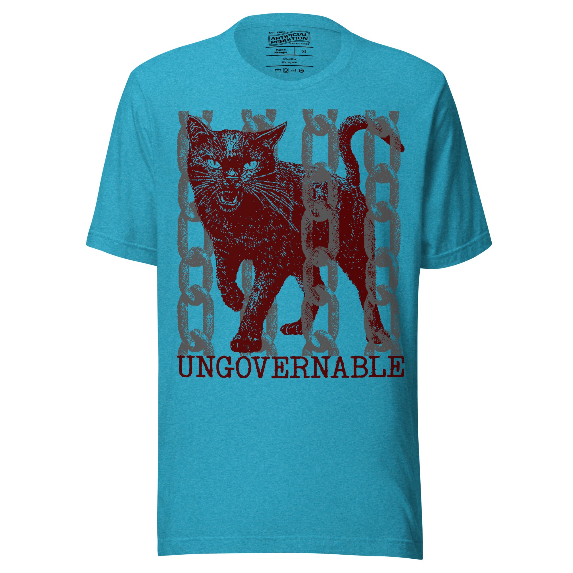Snarling cat breaking through chains with UNGOVERNABLE text, dithered halftone red on cream, Artificial Perdition apparel