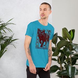 Snarling cat breaking through chains with UNGOVERNABLE text, dithered halftone red on cream, Artificial Perdition apparel