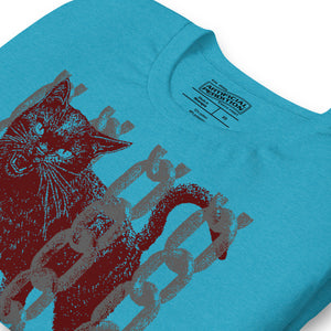 Snarling cat breaking through chains with UNGOVERNABLE text, dithered halftone red on cream, Artificial Perdition apparel
