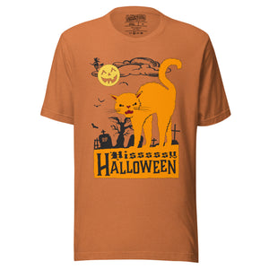 Orange arched Halloween cat hissing in graveyard scene with jack-o-lantern moon and bats, vintage poster style, Hissy Halloween, Artificial Perdition apparel