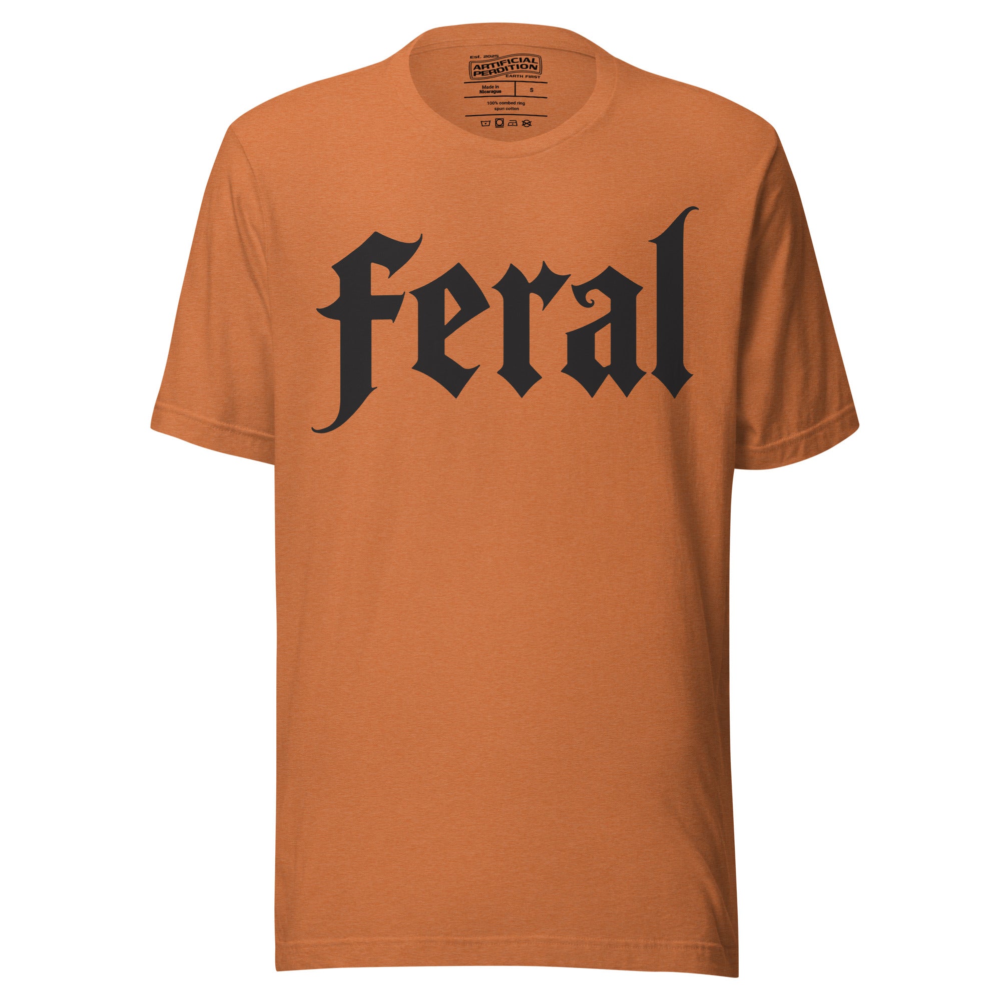 Feral in white blackletter font on dark heather grey t-shirt, bold single word graphic design, Artificial Perdition apparel