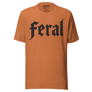 Feral in white blackletter font on dark heather grey t-shirt, bold single word graphic design, Artificial Perdition apparel