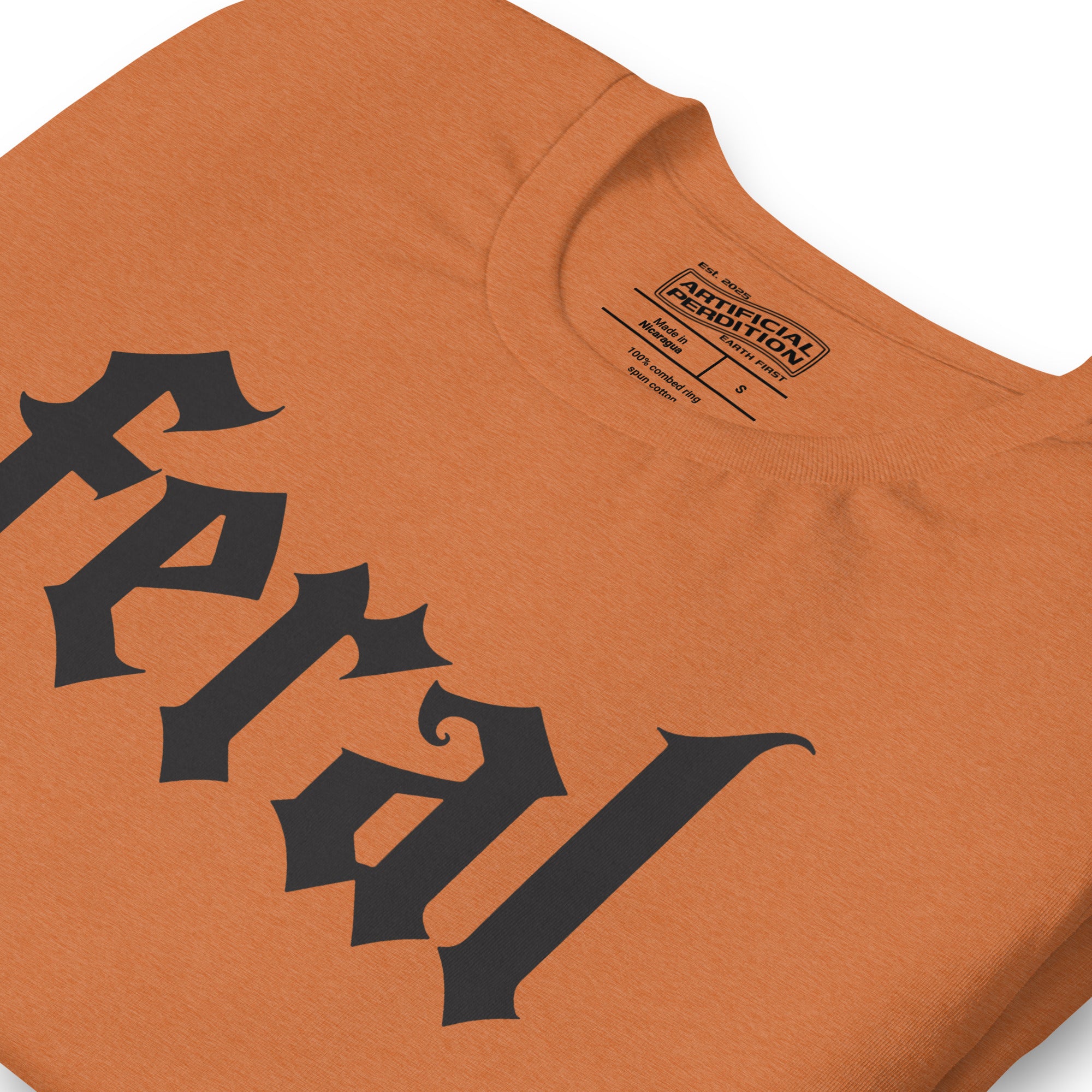 Feral in white blackletter font on dark heather grey t-shirt, bold single word graphic design, Artificial Perdition apparel