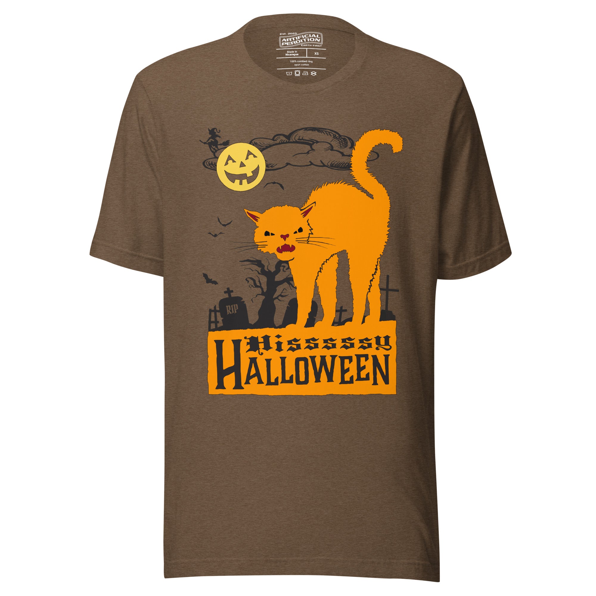 Orange arched Halloween cat hissing in graveyard scene with jack-o-lantern moon and bats, vintage poster style, Hissy Halloween, Artificial Perdition apparel