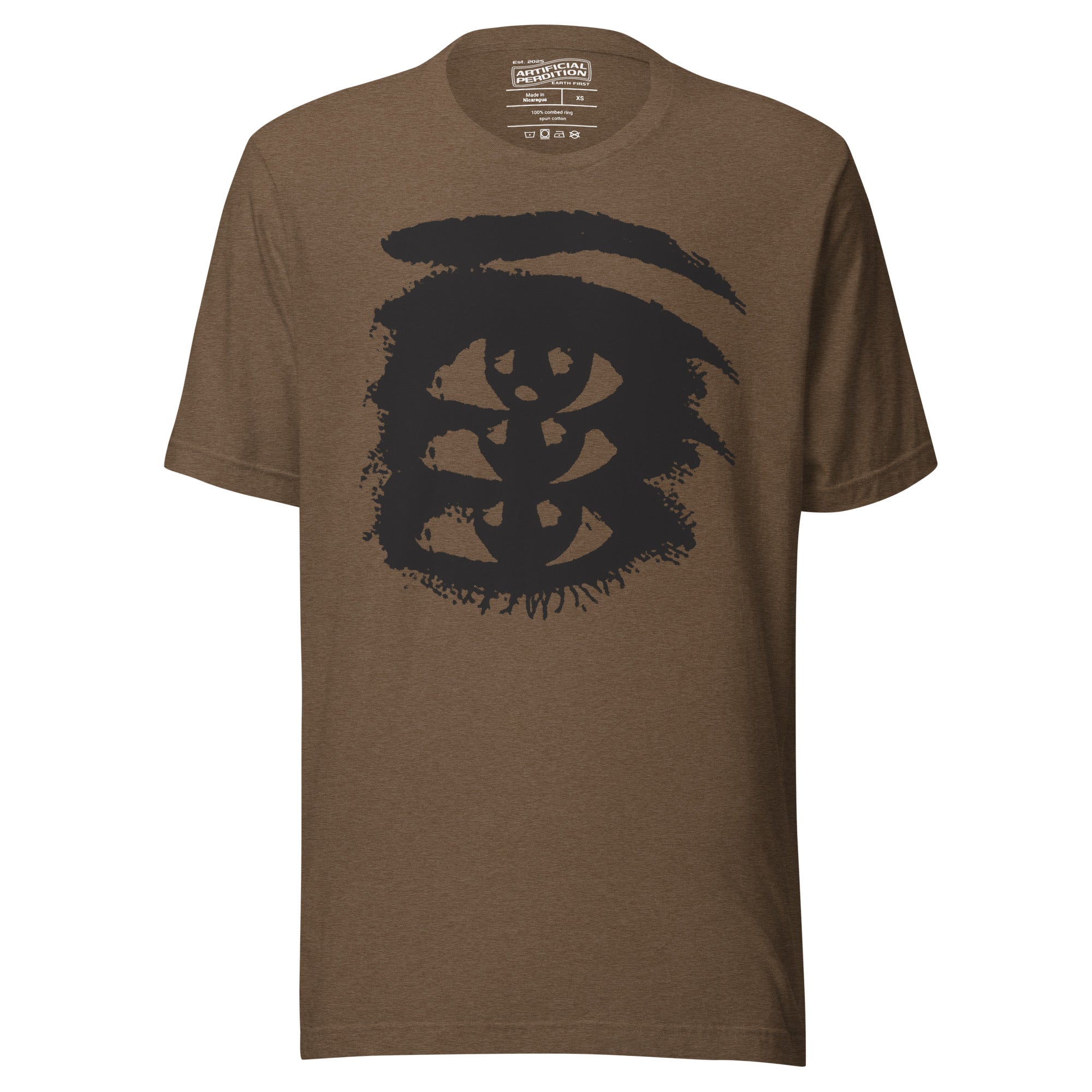 Rough ink brush stroke eye illustration in black and white, Thousand Yard Stare, high contrast graphic design, Artificial Perdition apparel