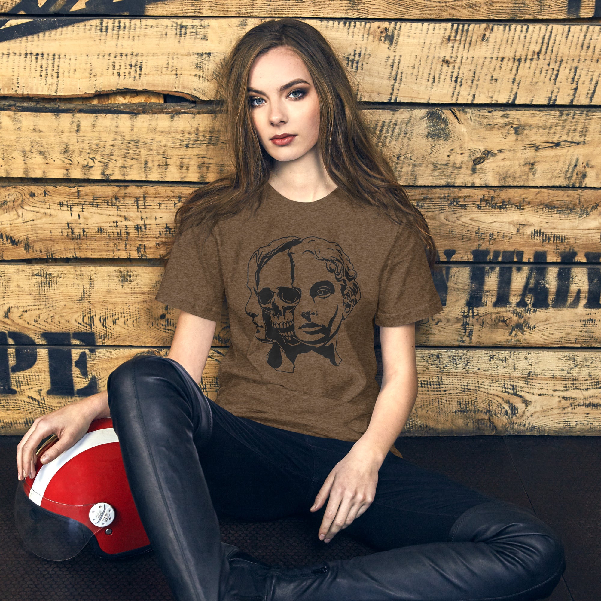 Split face illustration, half classical sculpture bust and half skull, black and white high contrast, Dead Inside, Artificial Perdition apparel