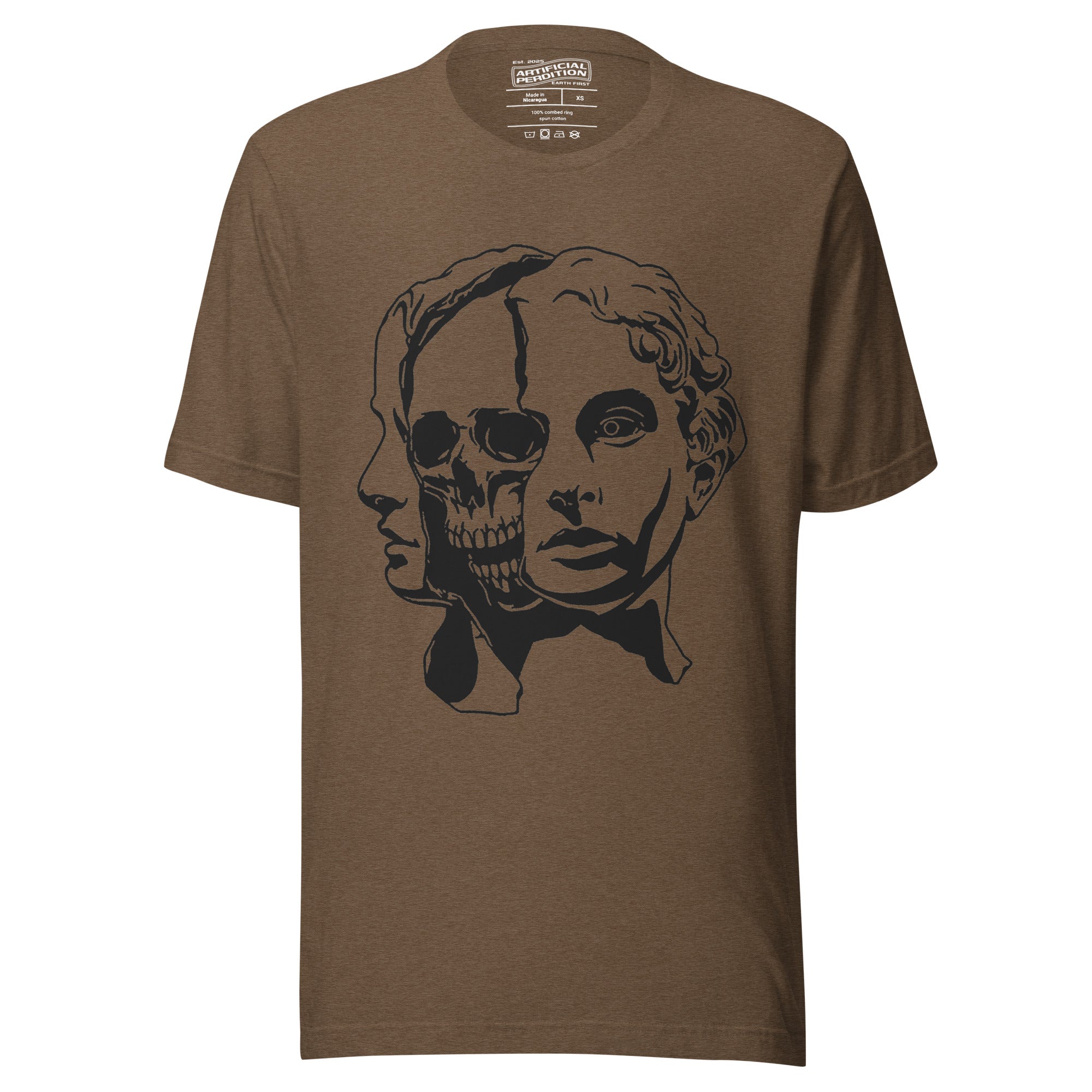 Split face illustration, half classical sculpture bust and half skull, black and white high contrast, Dead Inside, Artificial Perdition apparel