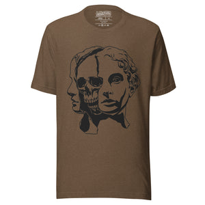 Split face illustration, half classical sculpture bust and half skull, black and white high contrast, Dead Inside, Artificial Perdition apparel
