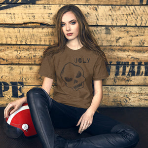 Crude hand-drawn skull with mismatched eye sockets and UGLY text in the upper corner, anti-polish graphic design, Artificial Perdition apparel