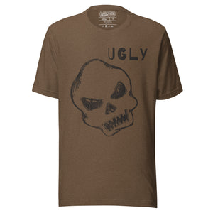 Crude hand-drawn skull with mismatched eye sockets and UGLY text in the upper corner, anti-polish graphic design, Artificial Perdition apparel