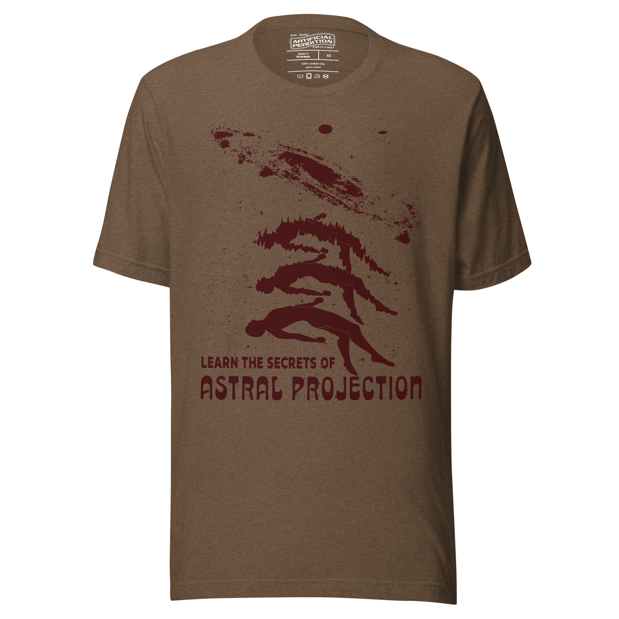 Three figures rising from a reclining body toward a spiral galaxy with Learn the Secrets of Astral Projection text, retro occult advertisement style, Artificial Perdition apparel