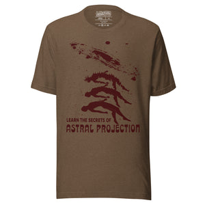 Three figures rising from a reclining body toward a spiral galaxy with Learn the Secrets of Astral Projection text, retro occult advertisement style, Artificial Perdition apparel