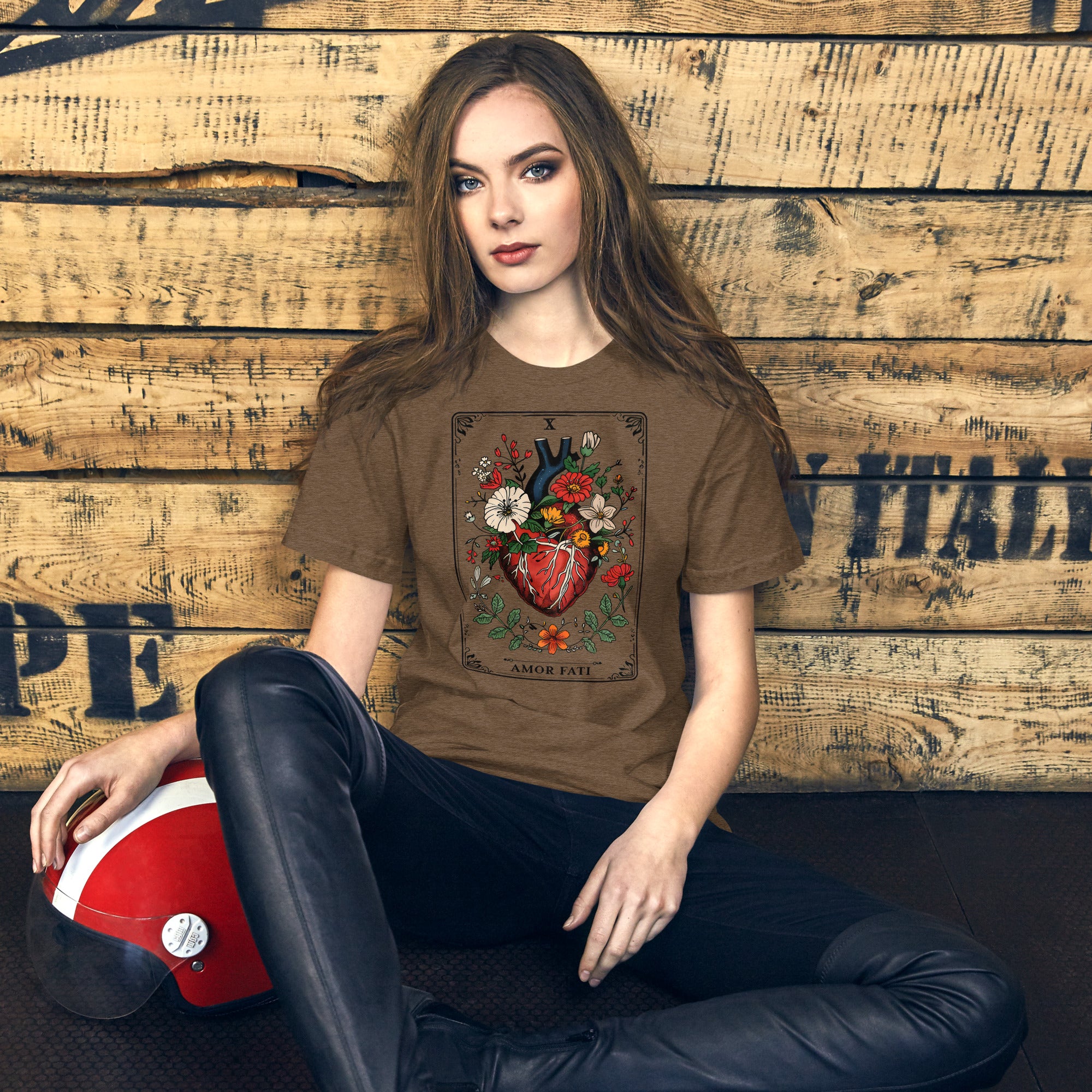Tarot card illustration numbered X with an anatomical heart in bloom surrounded by wildflowers and vines, Amor Fati, Artificial Perdition apparel