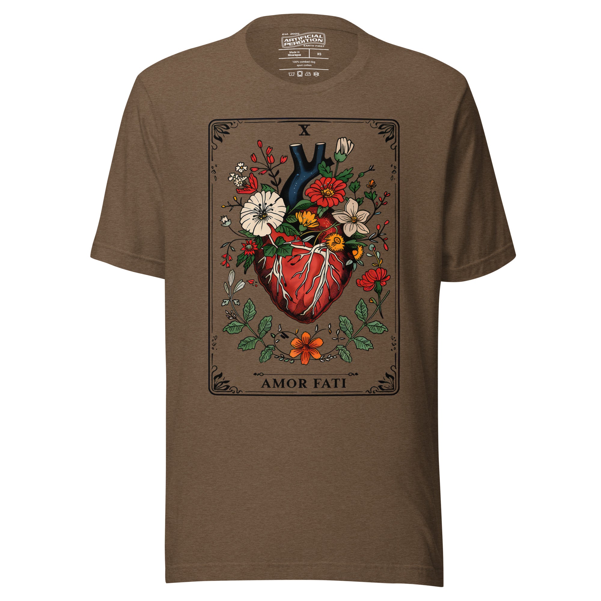 Tarot card illustration numbered X with an anatomical heart in bloom surrounded by wildflowers and vines, Amor Fati, Artificial Perdition apparel