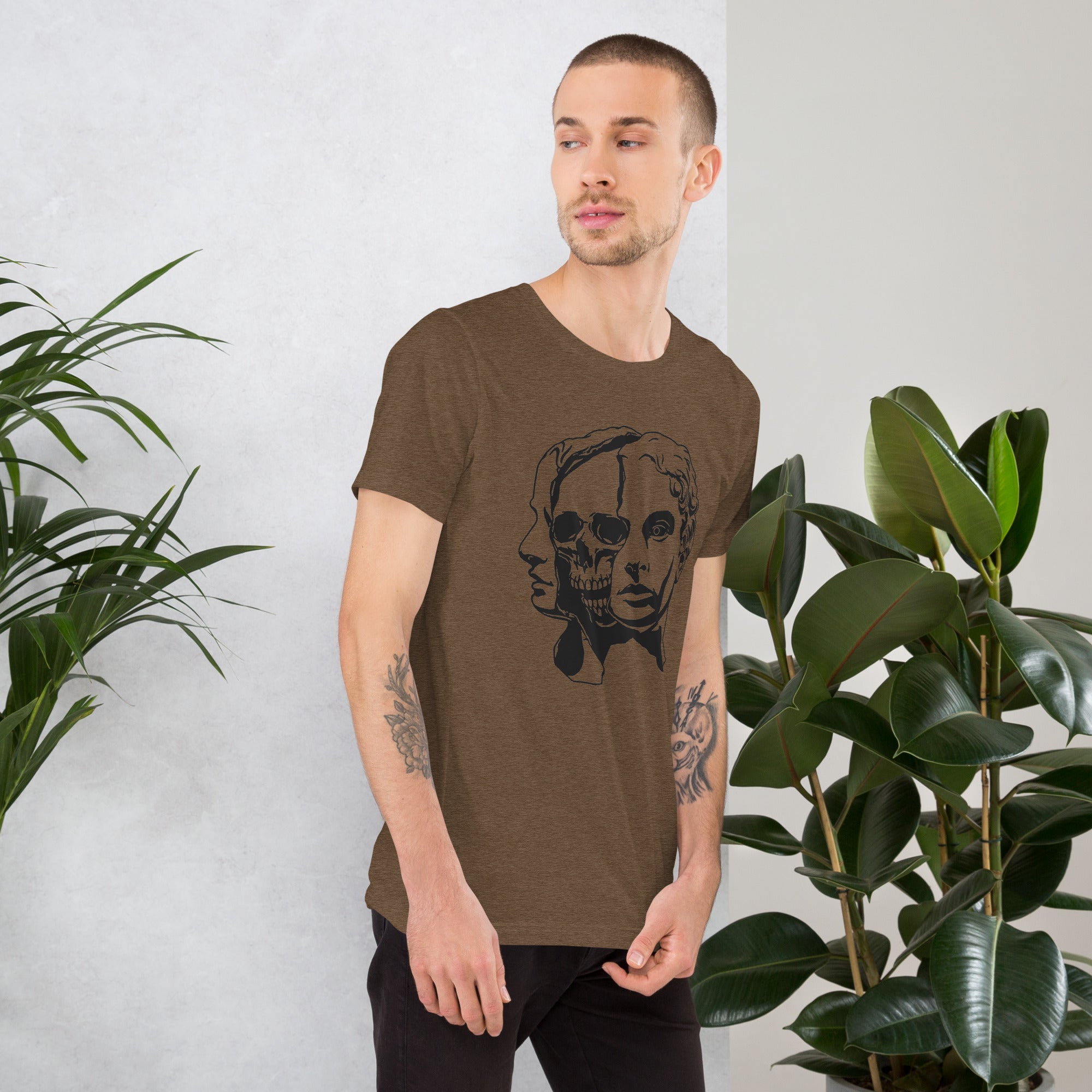 Split face illustration, half classical sculpture bust and half skull, black and white high contrast, Dead Inside, Artificial Perdition apparel