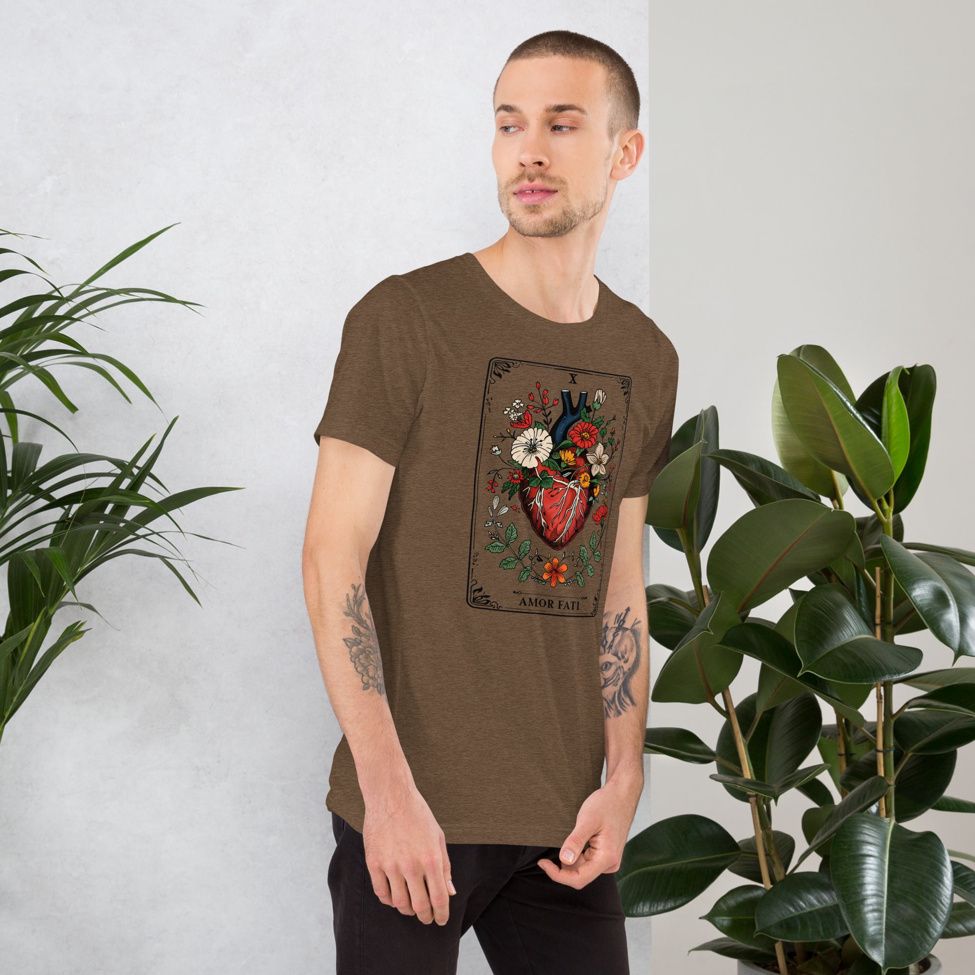 Tarot card illustration numbered X with an anatomical heart in bloom surrounded by wildflowers and vines, Amor Fati, Artificial Perdition apparel