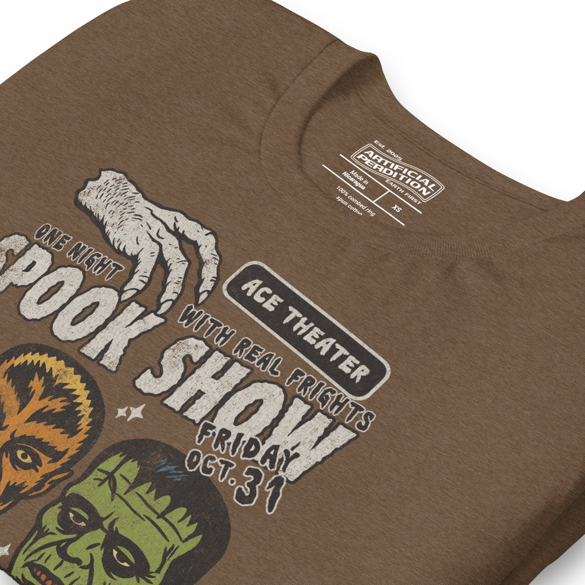 Product mockupVintage spook show poster front print with three classic monster faces, Ace Theater and Monster Mania text, distressed style on black, Artificial Perdition apparel