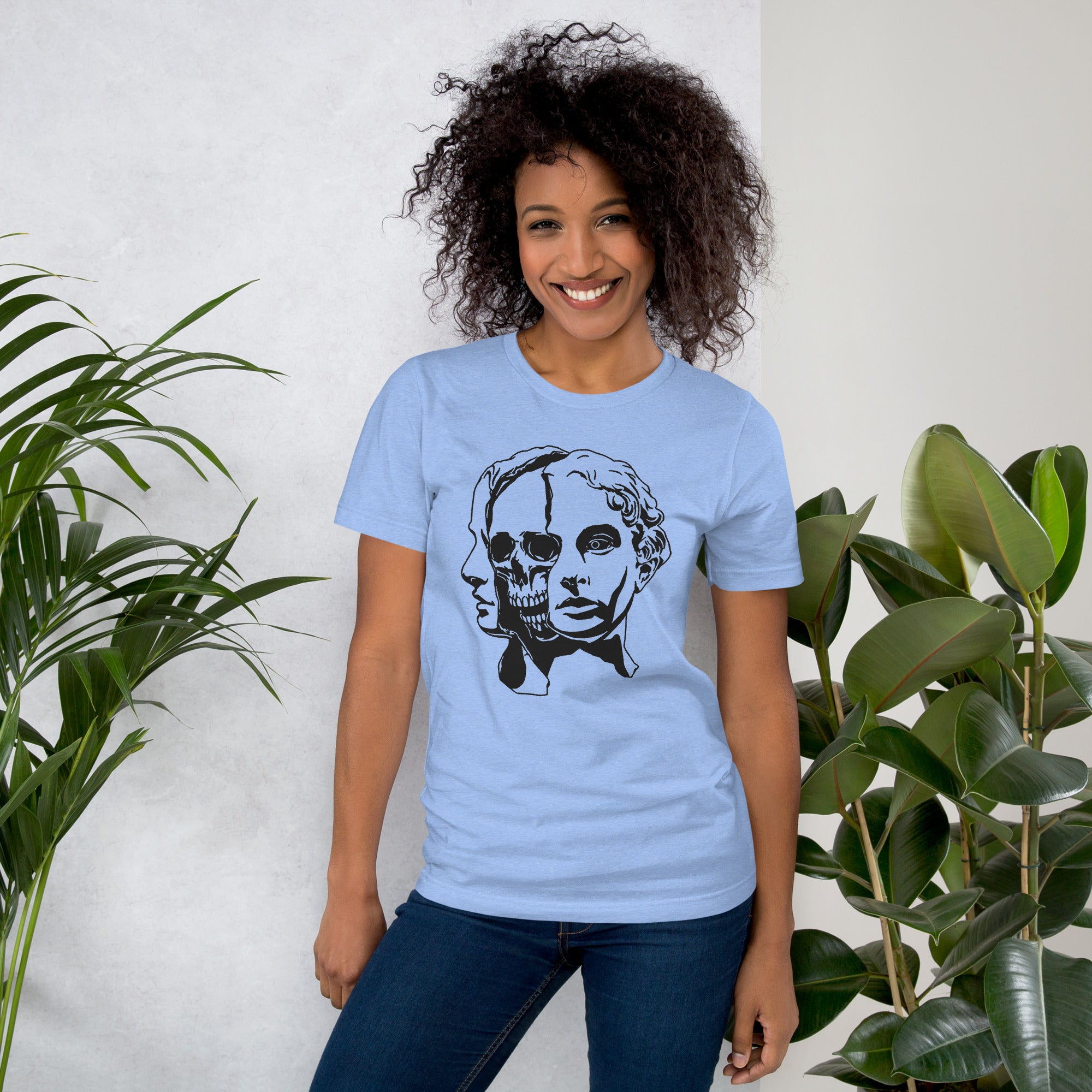 Split face illustration, half classical sculpture bust and half skull, black and white high contrast, Dead Inside, Artificial Perdition apparel