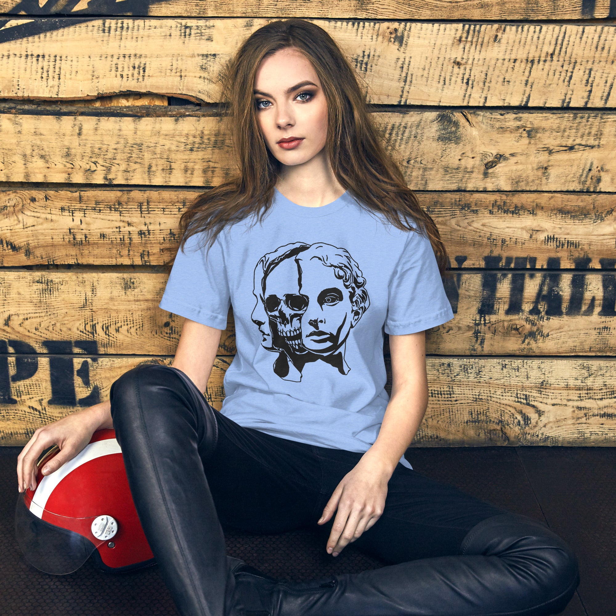 Split face illustration, half classical sculpture bust and half skull, black and white high contrast, Dead Inside, Artificial Perdition apparel