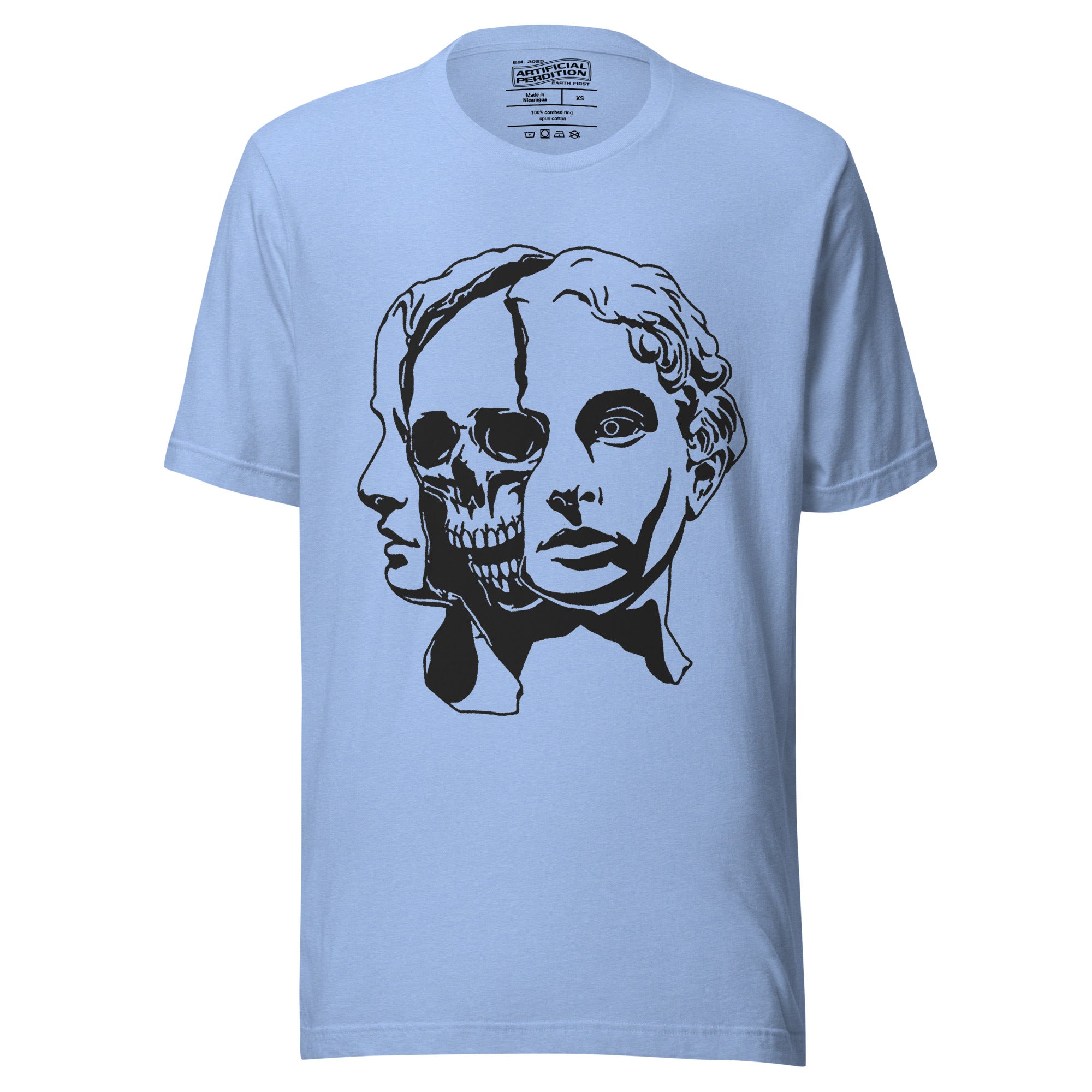 Split face illustration, half classical sculpture bust and half skull, black and white high contrast, Dead Inside, Artificial Perdition apparel