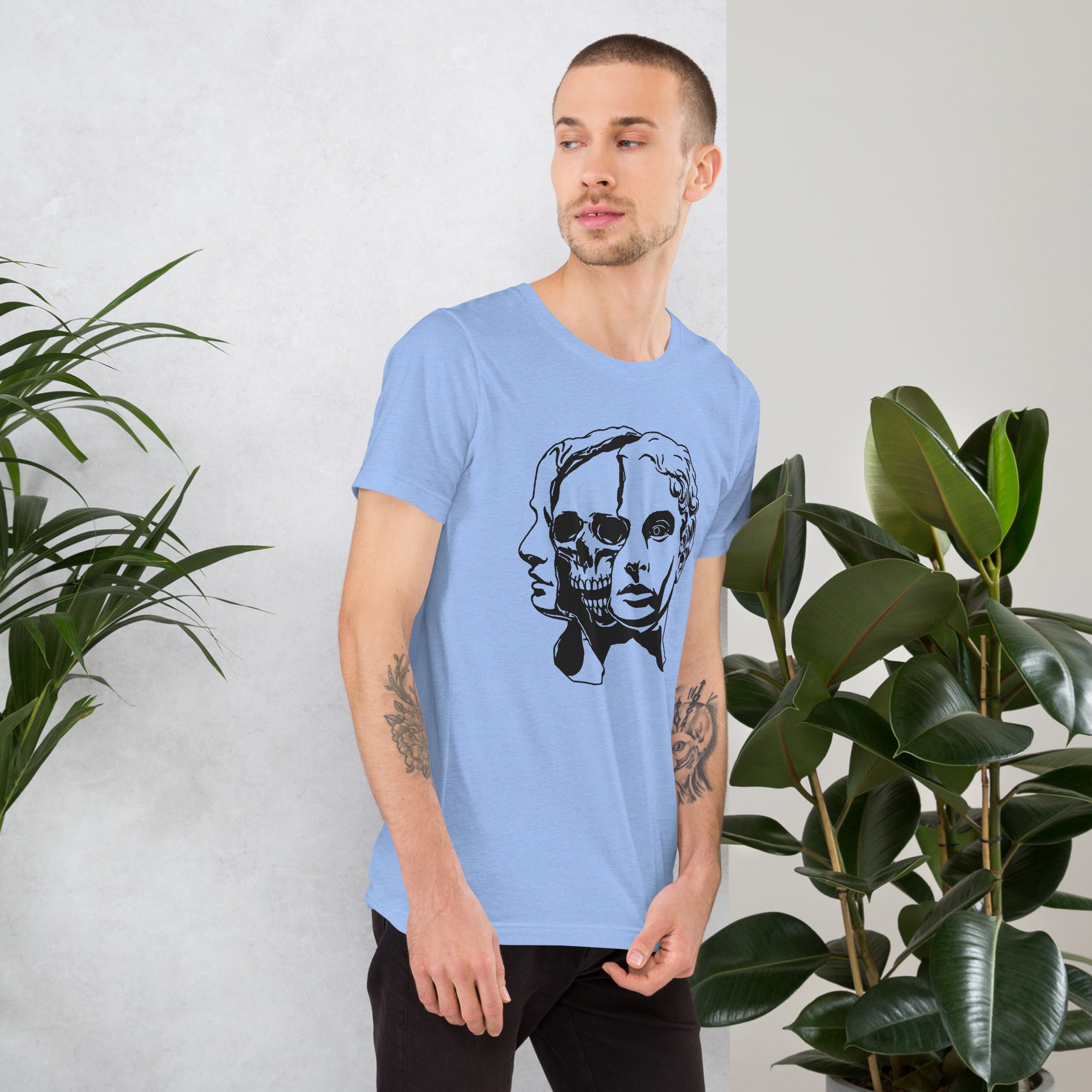 Split face illustration, half classical sculpture bust and half skull, black and white high contrast, Dead Inside, Artificial Perdition apparel
