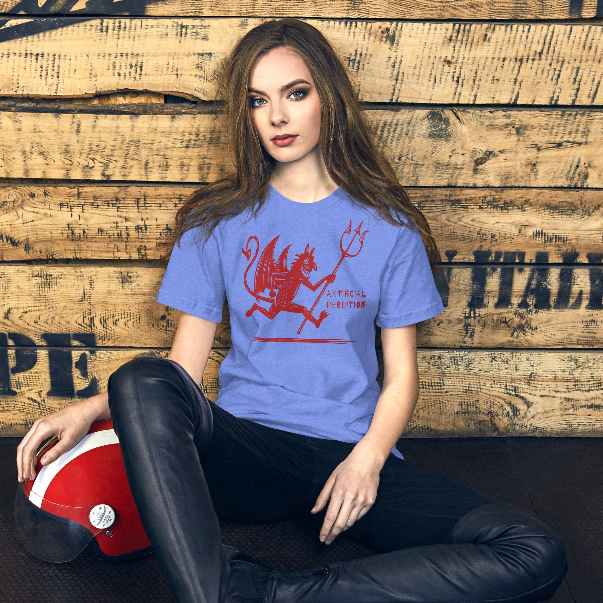 Artificial Perdition devil mascot, red illustrated devil mid-stride with trident and brand name, hand-drawn style on black, official logo tee
