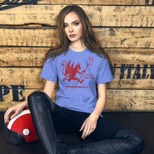 Artificial Perdition devil mascot, red illustrated devil mid-stride with trident and brand name, hand-drawn style on black, official logo tee