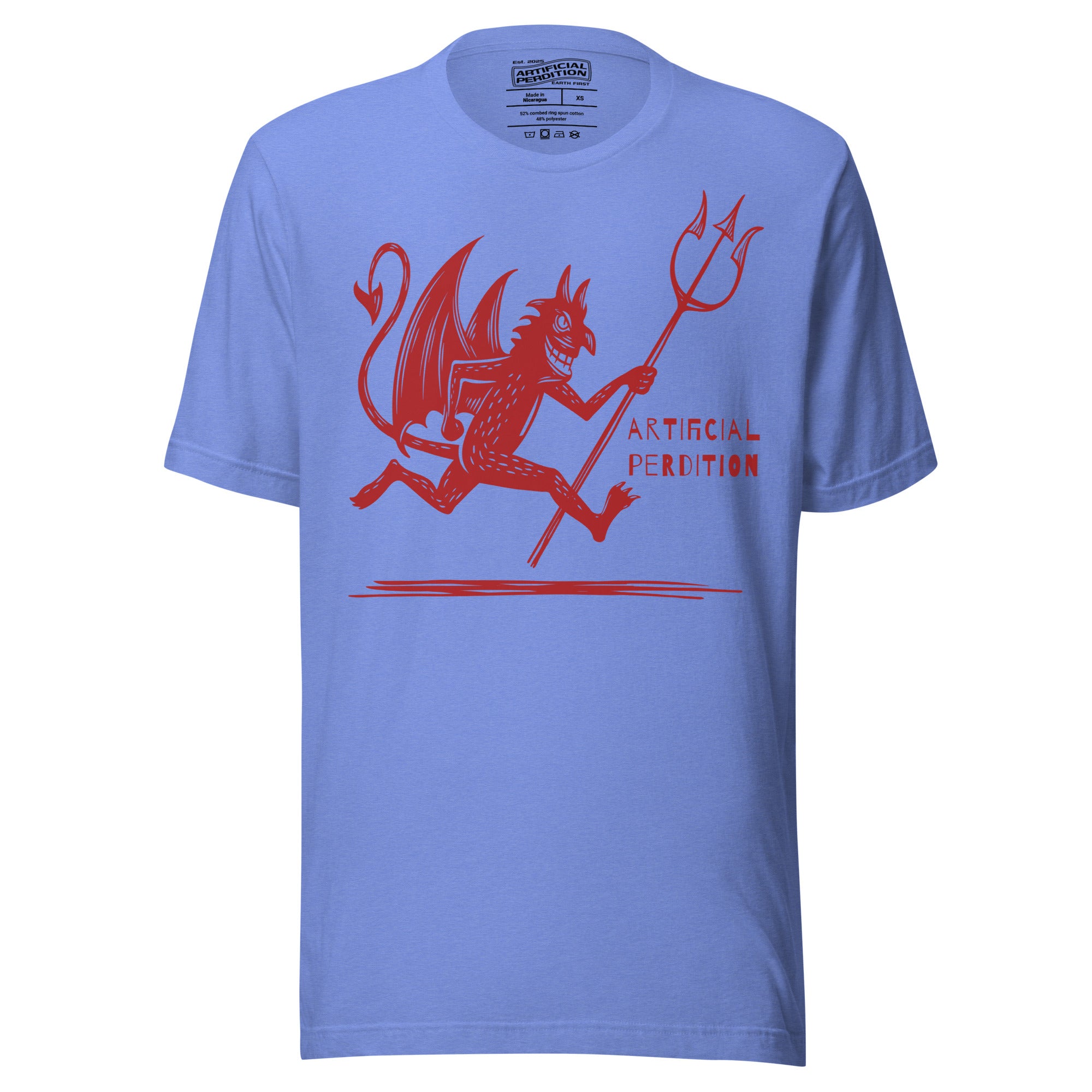 Artificial Perdition devil mascot, red illustrated devil mid-stride with trident and brand name, hand-drawn style on black, official logo tee