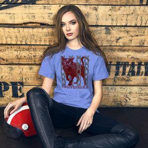 Product mockupSnarling cat breaking through chains with UNGOVERNABLE text, dithered halftone red on cream, Artificial Perdition apparel