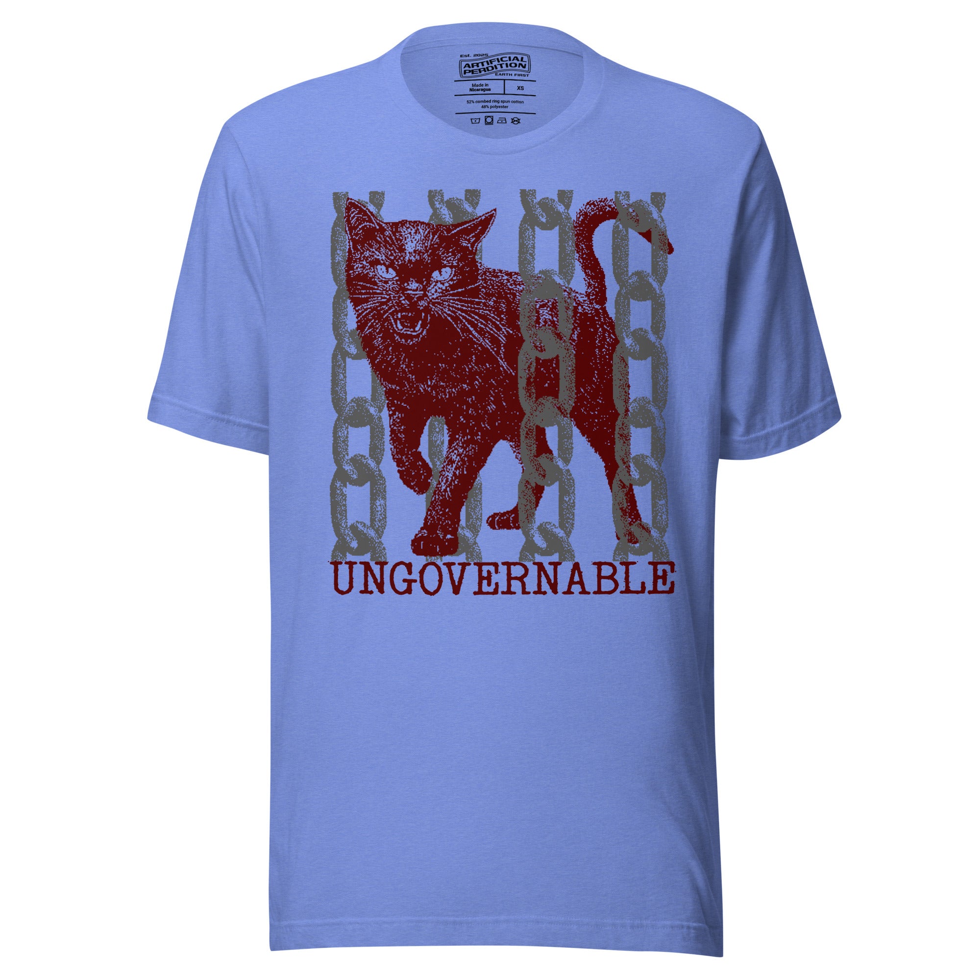 Product mockupSnarling cat breaking through chains with UNGOVERNABLE text, dithered halftone red on cream, Artificial Perdition apparel