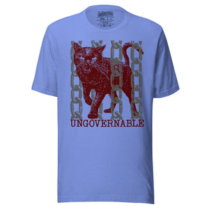 Product mockupSnarling cat breaking through chains with UNGOVERNABLE text, dithered halftone red on cream, Artificial Perdition apparel