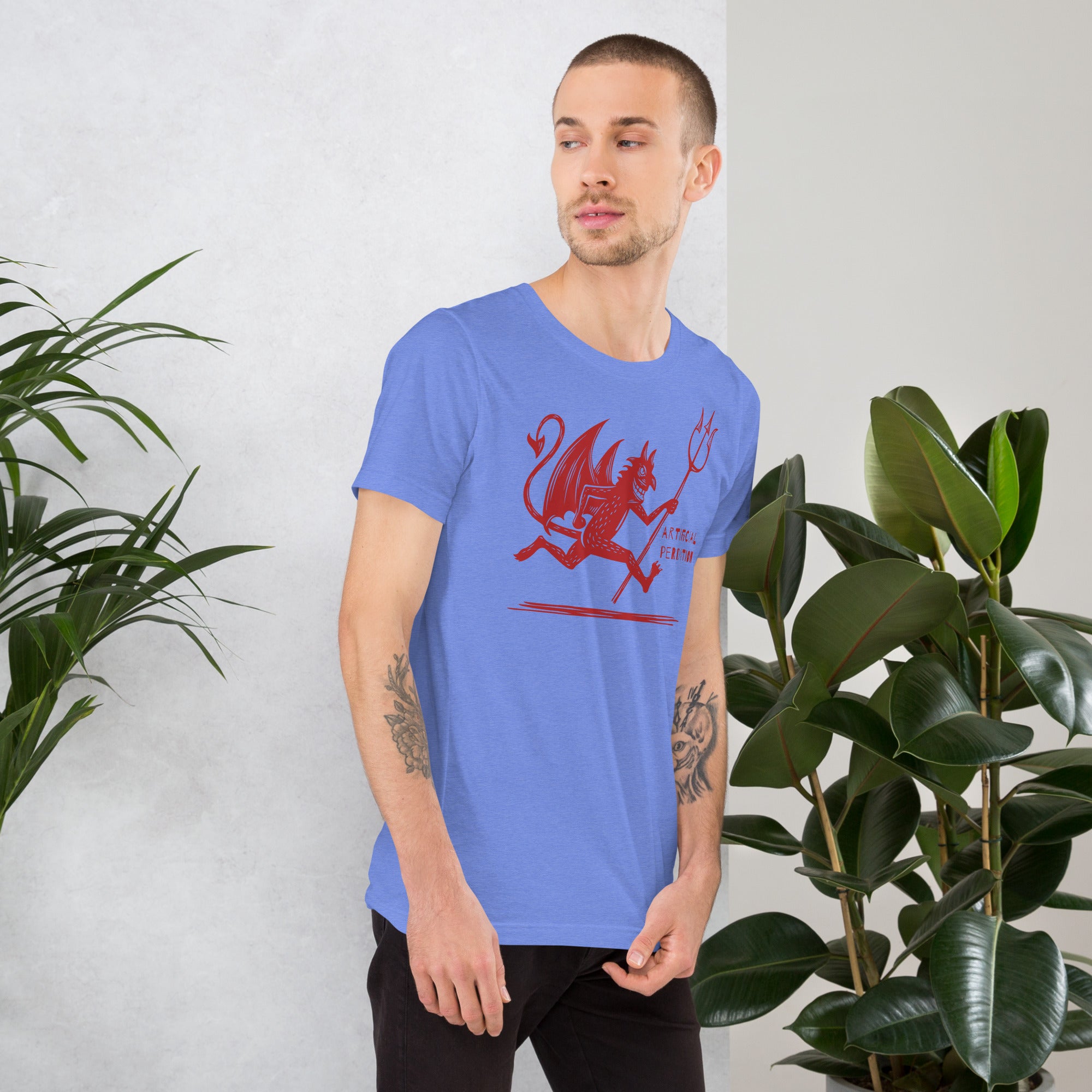 Artificial Perdition devil mascot, red illustrated devil mid-stride with trident and brand name, hand-drawn style on black, official logo tee