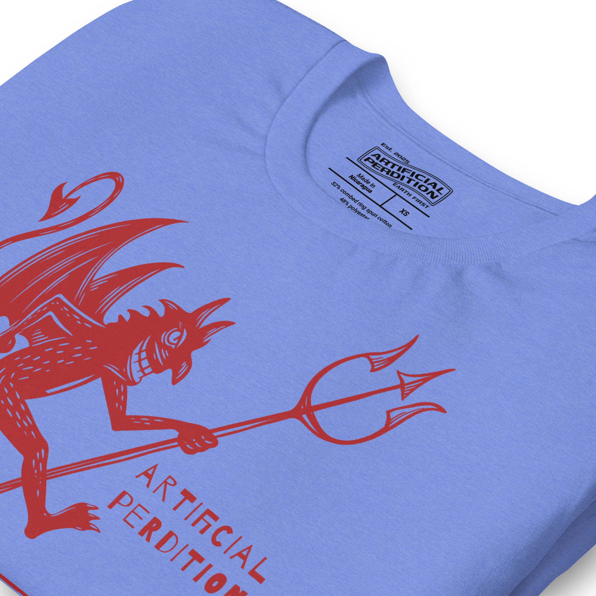 Artificial Perdition devil mascot, red illustrated devil mid-stride with trident and brand name, hand-drawn style on black, official logo tee